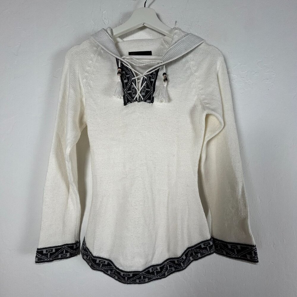 Womens Alpaca Hooded Sweater White Inca Pattern Knit Lace-Up Tassel Pullover